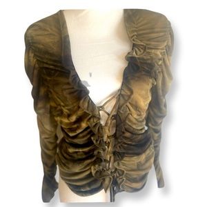 Chic Green Tie Front Blouse by Mystique with Ruffled collar & scrunch sleeves!